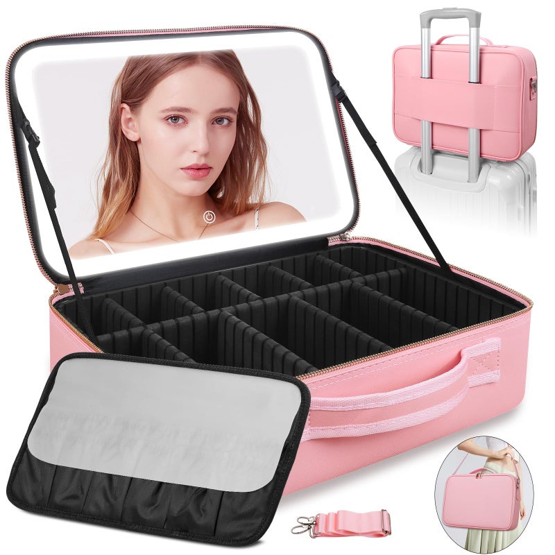 Upgraded Large Travel Makeup Bag with LED Mirror 15 Professional Makeup Case with 3 Color Modes Dimming Lighted Mirror Light up Cosmetic Make up Organizer with PU Leather Cover Adjustable Dividers